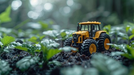 A miniature toy tractor in a lush, dew-covered green environment with sunlight filtering through the foliage
