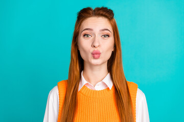 Photo portrait of pretty young girl pouted lips kiss wear trendy orange knitwear outfit isolated on...