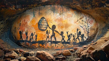 an interesting Stone Age cave painting of ancient people celebrating Easter, a primitive cave painting illustration of Easter egg hunting 