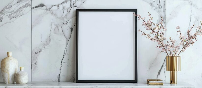 A blank poster picture frame is displayed on a white marble wall background in a room, suitable for showcasing products and designing visual layouts.
