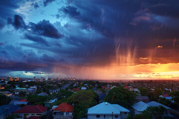 A stormy dusk over a diverse suburb showcasing resilience and innovation in building design. /
