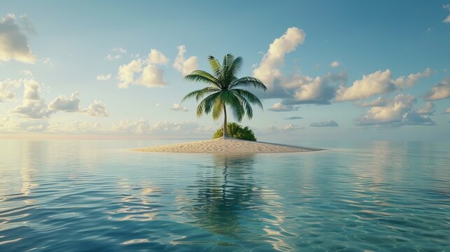 A deserted island with a single palm tree