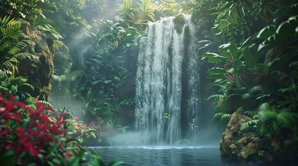 A majestic waterfall hidden in a tropical rainforest - obrazy, fototapety, plakaty