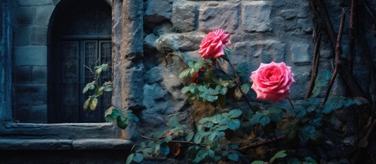 Two beautiful pink roses are blooming in front of a sturdy stone wall, adding a touch of elegance and color to the surroundings - obrazy, fototapety, plakaty