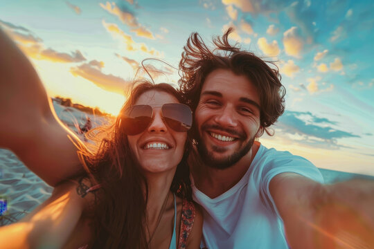 A couple is smiling and posing for a picture on a beach