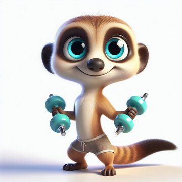 3d suricate character with dumbbell- sport, fitness, bodybuilding, training concept
