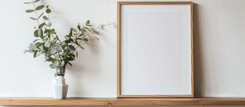 Wooden frame mockup on a white wall, featuring space for displaying artwork, photos, or prints in a minimalist interior adorned with a eucalyptus twig.