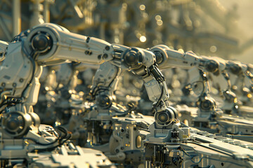 A row of robots are working in a factory