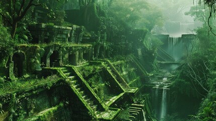 A series of water channels and aqueducts in a lush jungle, resembling ancient ruins - obrazy, fototapety, plakaty