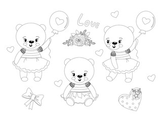 Coloring page for kids, children. Coloring book animal. Ballet teddy bear with balloons. Coloring page for baby girl. Vector illustration isolated on white background