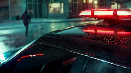 Close up of police car with flashing lights and offender running in the background