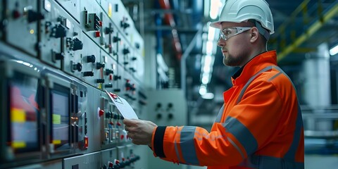 Ensuring Safety Protocols at a Nuclear Power Plant through Radiation Checks, Emergency Readiness, Equipment Maintenance, and Worker Training. Concept Safety Protocols, Radiation Checks - obrazy, fototapety, plakaty