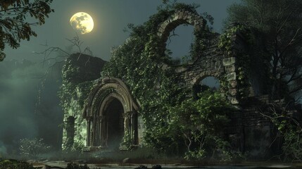 An ancient ruin overgrown with ivy under the full moon