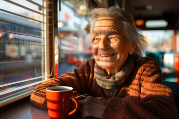 Ederly woman with wrinkes and warm smile enjoying his morning coffee at a diner