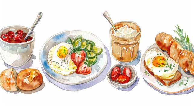 Watercolor clipart featuring Southern-style breakfast dishes set against a white canvas.





