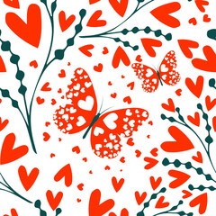 Seamless background of twigs and hearts with a butterfly