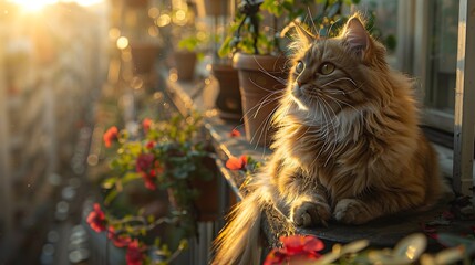A cinematic shot of a robotic cat companion lounging on a sunlit balcony, 