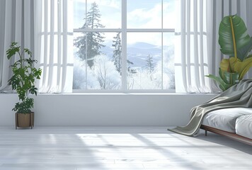 White living room interior with a sofa and window overlooking a winter landscape background
