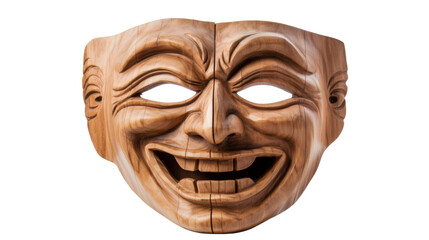 A wooden mask with a smile carved into its face, emanating a sense of whimsical mystery
