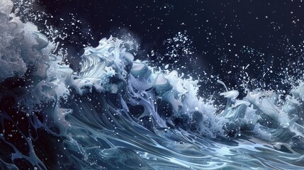 An ocean wave frozen in time, with detailed spray and droplets - obrazy, fototapety, plakaty