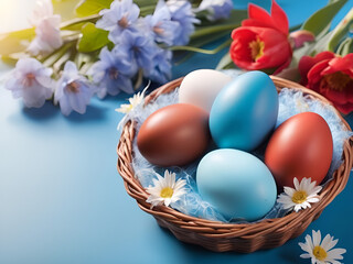 Obraz na płótnie Canvas Easter eggs in a basket, spring background, blue, green , red, gold, flowers, empty space on the left side, much sunlight