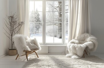 White room interior with fur chair and window view of a winter landscape