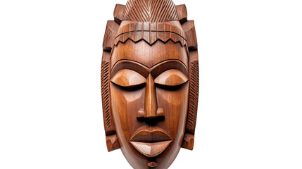 A wooden mask with closed eyes rests peacefully on a white background
