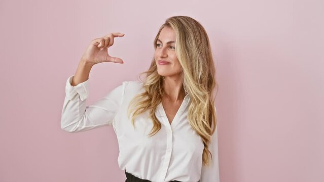 Cheerful young blonde woman wearing shirt over pink isolated background, confidently gesturing small size sign with fingers, perfect scale measure concept