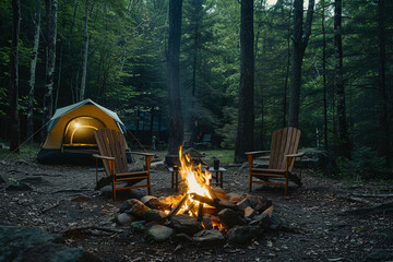 Rest in the forest with tents. There is fire in the middle, tents, chairs for relaxation and a lot of trees