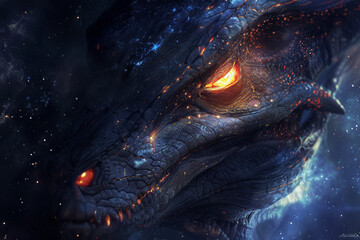 A dragon with glowing eyes is shown in a dark blue background