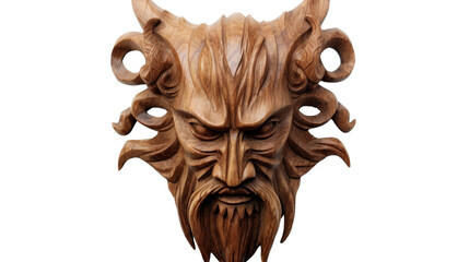 A wooden mask adorned with horns, embodying an ancient and mysterious guardian spirit