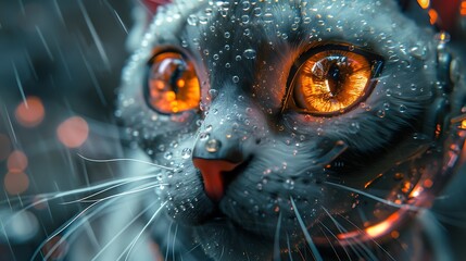 A close-up of a robotic cat companion, its synthetic fur glistening with raindrops, as it peers...