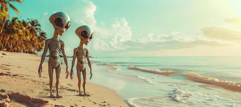couple of aliens on the tropical beach background