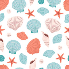 Seamless pattern with sea shells, mollusks, starfish, sea ​​snails. Tropical beach shells. Summer seamless pattern. Vector illustration in flat style - obrazy, fototapety, plakaty