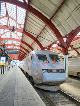 Train X2000 or SJ X2 high-speed train of the Swedish state railway company SJ AB stands on the track at Malm&ouml; station, Skane, Sweden, 18/09/2023 (