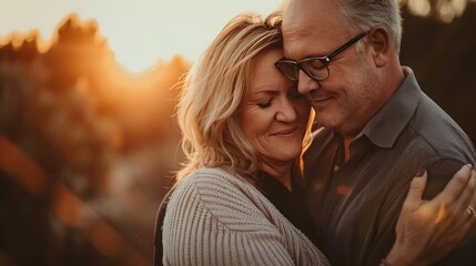 Heartwarming Sunset Embrace: Adult Couple Sharing a Loving Moment in the Countryside

 - obrazy, fototapety, plakaty