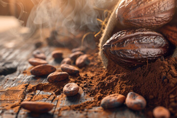 Close-up of cocoa beans and cocoa powder on a dark wooden surface with a warm, aromatic atmosphere.