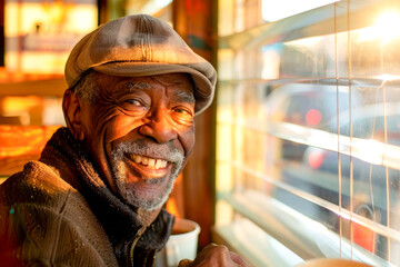 Ederly man with wrinkes and warm smile enjoying his morning coffee at a diner