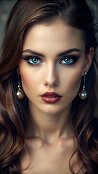 Generative ai. a woman with long hair and blue eyes posing for a picture, big piercing eyes, beautiful model, beautiful piercing eyes