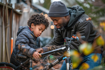 Fototapeta premium Man Helping Young Boy Fix Bicycle
