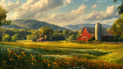 rural farm landscape with beautiful sky.