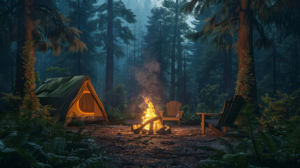 Rest in the forest with tents. There is fire in the middle, tents, chairs for relaxation and a lot...