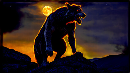 A wolf standing in front of the moon at night