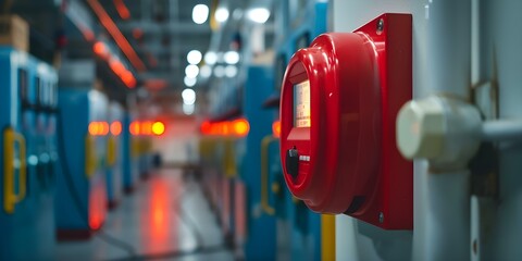 Monitoring fire alarm system in a factory to enforce security protocols and ensure emergency preparedness and safety. Concept Emergency Preparedness, Fire Alarm System, Security Protocols - obrazy, fototapety, plakaty