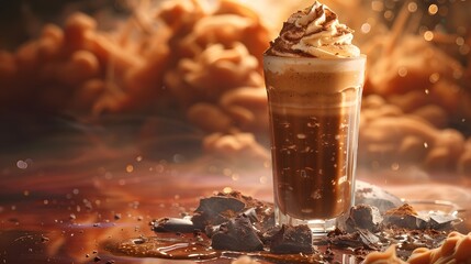 A realm of sweet bliss with a chocolate milkshake adorned with fluffy whipped cream, set against a backdrop of ethereal dreams.