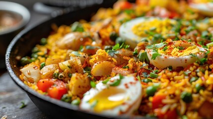 Close-up of Sri Lankan kottu roti, chopped and mixed with vegetables, eggs, and optional meats - obrazy, fototapety, plakaty