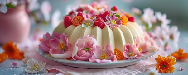 Fototapeta na wymiar Close-up of Swedish princess cake, a dome-shaped layer cake covered in marzipan, celebrating springtime