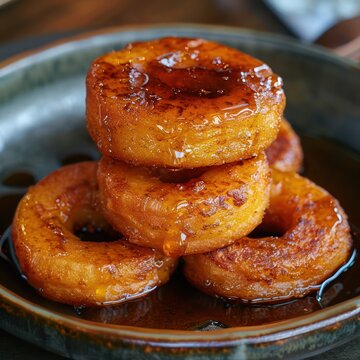 Close-up of Peruvian picarones, pumpkin and sweet potato doughnuts, served with a syrup made from chancaca