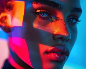 Dramatic close-up portrait featuring black summer attire against a labyrinth of geometric colors, with meticulous color grading