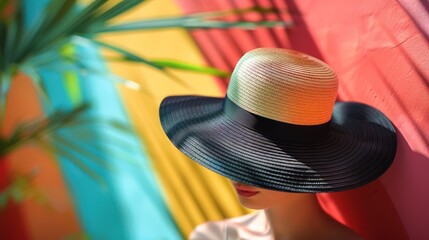 Elegant black summer accessory in a close-up with a geometric rainbow background, color graded for emotional impact - obrazy, fototapety, plakaty